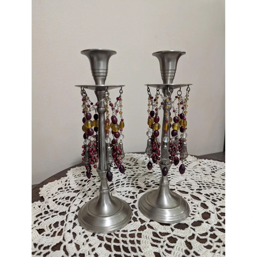 Vintage pair silver toned beaded dangles candle stick holders